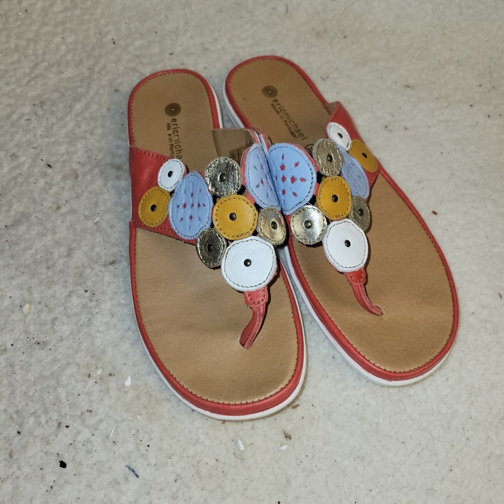 Eric Michael Leather Thong Sandals Sz 7.5 Portugal Red Floral Boho Comfort